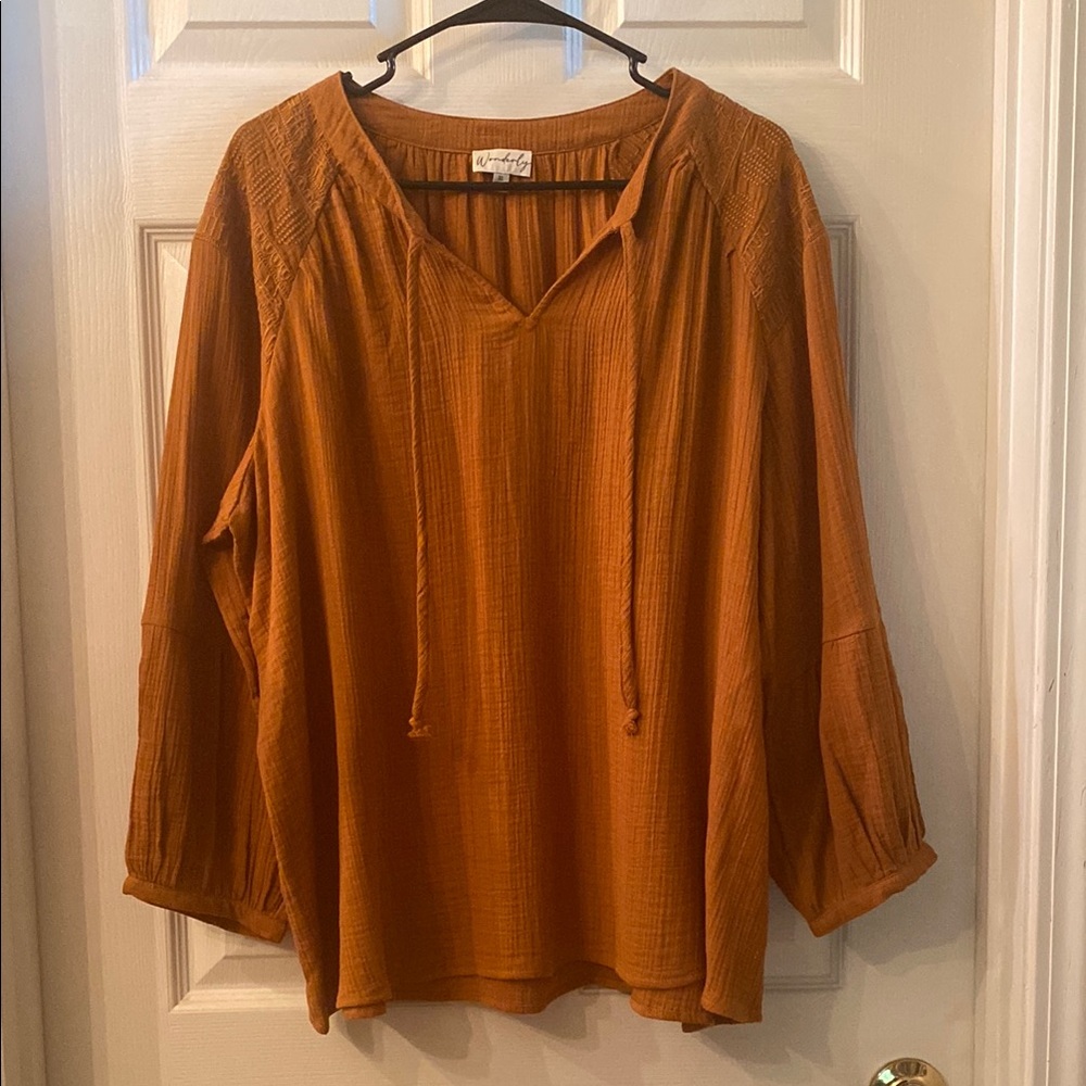 WONDERLY Rust V-Neck Blouse - Picture 4 of 12